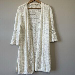 Soft Surroundings Open Knit Cardigan Duster M Ivory Cotton Blend Boho Neutral